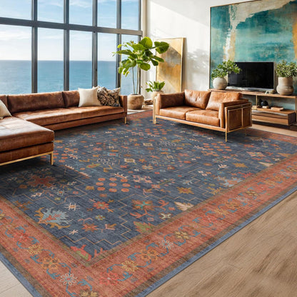 Green Area Rugs 9x12 Living Room - Washable Oriental Geometric, Extra Large for Bedroom Non Slip Soft Faux Wool Carpet for Dining Room Playroom, Lounge - Blue and Green Floral Rug