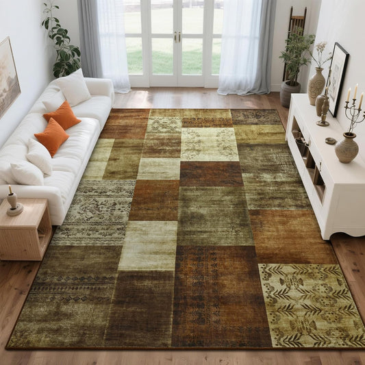 Tepook Modern Area Rug for Living Room, 5x7 Geometric Large Rugs for Bedroom, Washable Patchwork Rug Indoor Non-Slip Throw Carpets for Dining Room Office Farmhouse Home Decor, Brown