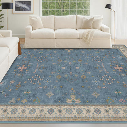 Green Area Rugs 9x12 Living Room - Washable Oriental Geometric, Extra Large for Bedroom Non Slip Soft Faux Wool Carpet for Dining Room Playroom, Lounge - Blue and Green Floral Rug