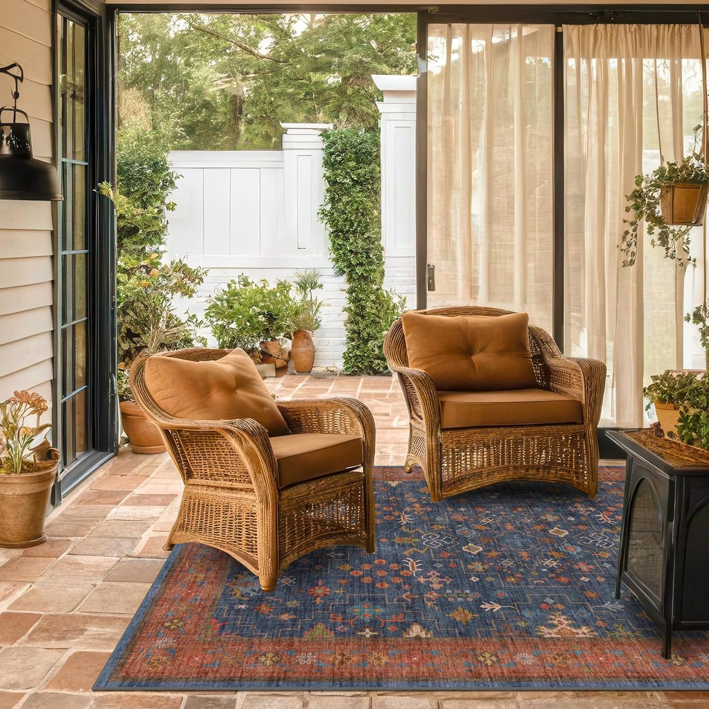 Green Area Rugs 9x12 Living Room - Washable Oriental Geometric, Extra Large for Bedroom Non Slip Soft Faux Wool Carpet for Dining Room Playroom, Lounge - Blue and Green Floral Rug