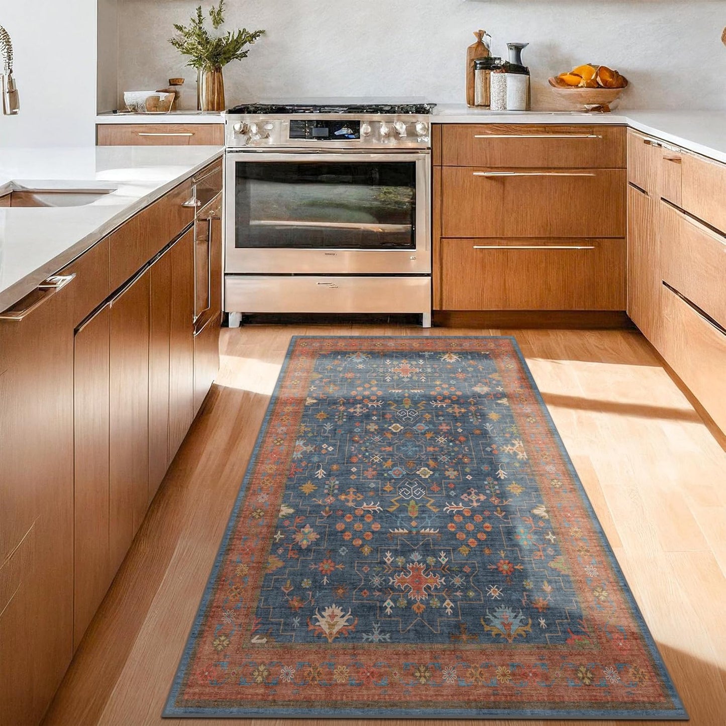 Green Area Rugs 9x12 Living Room - Washable Oriental Geometric, Extra Large for Bedroom Non Slip Soft Faux Wool Carpet for Dining Room Playroom, Lounge - Blue and Green Floral Rug