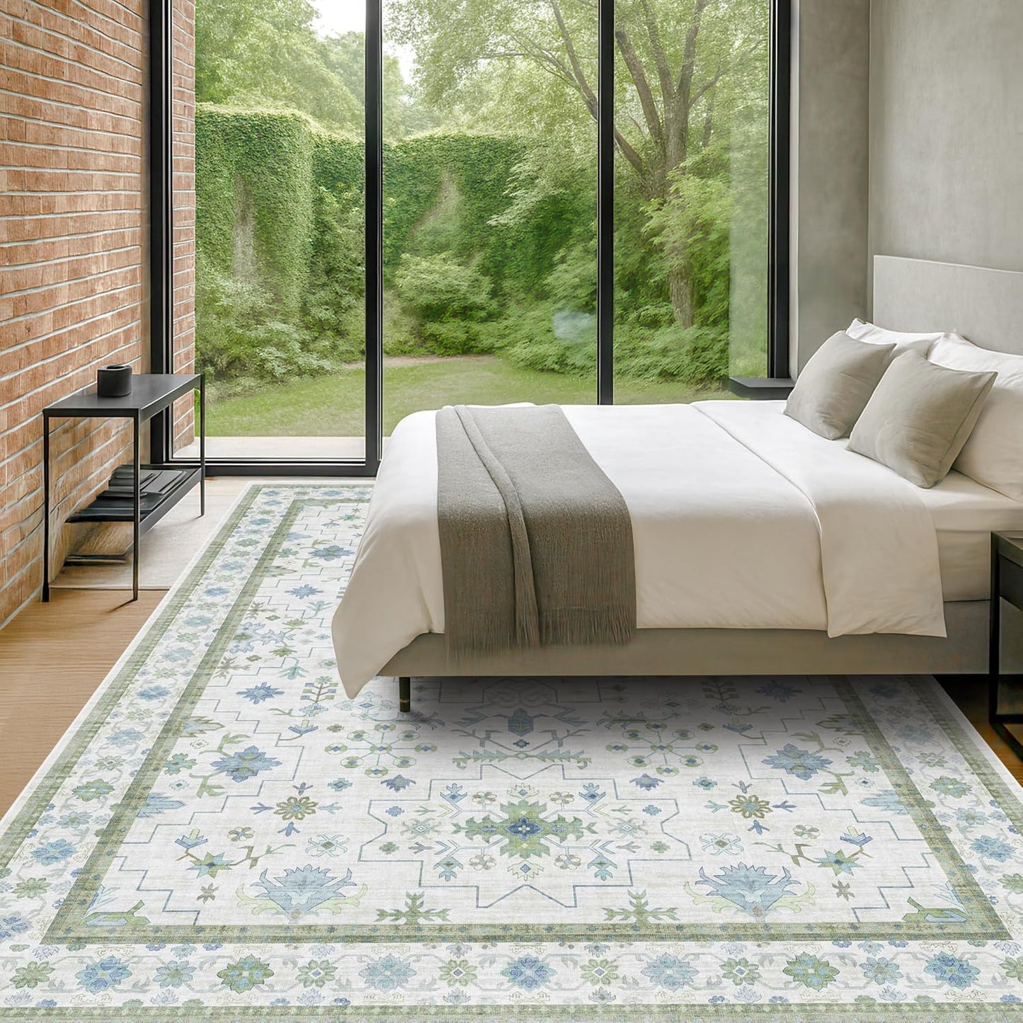 Green Area Rugs 9x12 Living Room - Washable Oriental Geometric, Extra Large for Bedroom Non Slip Soft Faux Wool Carpet for Dining Room Playroom, Lounge - Blue and Green Floral Rug