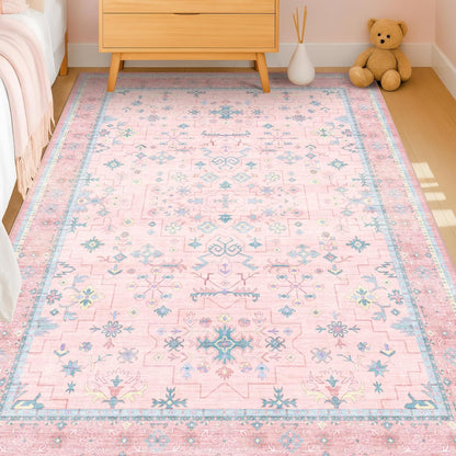 Green Area Rugs 9x12 Living Room - Washable Oriental Geometric, Extra Large for Bedroom Non Slip Soft Faux Wool Carpet for Dining Room Playroom, Lounge - Blue and Green Floral Rug