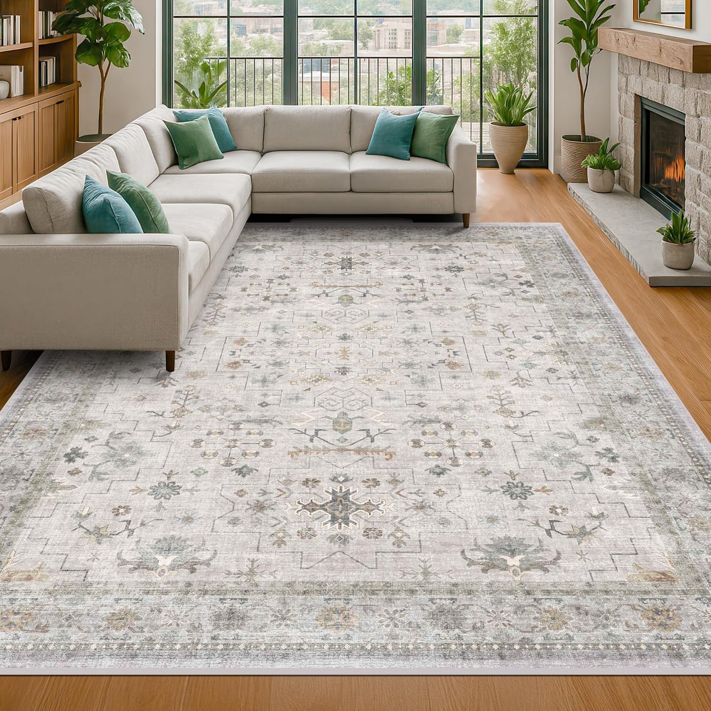 Green Area Rugs 9x12 Living Room - Washable Oriental Geometric, Extra Large for Bedroom Non Slip Soft Faux Wool Carpet for Dining Room Playroom, Lounge - Blue and Green Floral Rug