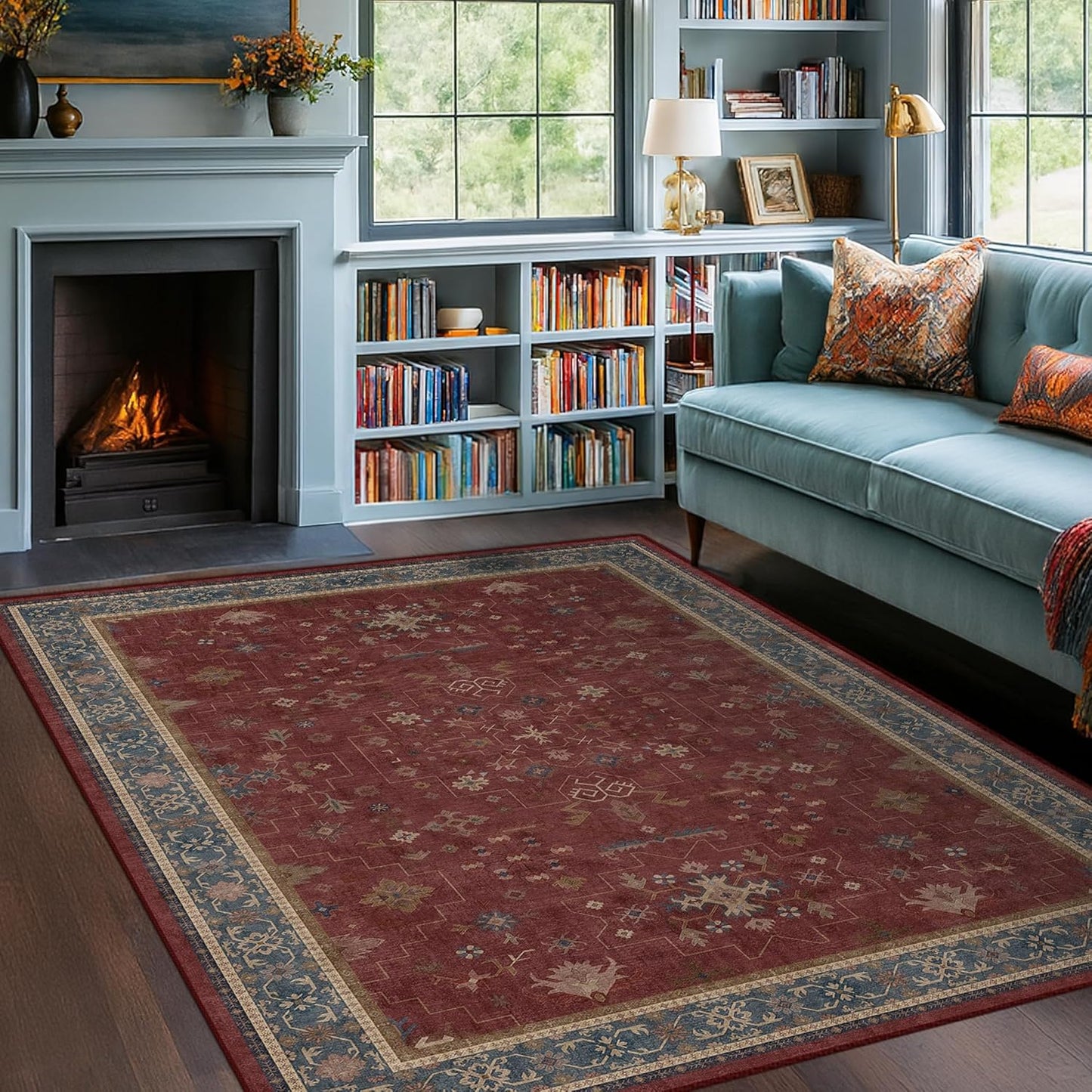 Green Area Rugs 9x12 Living Room - Washable Oriental Geometric, Extra Large for Bedroom Non Slip Soft Faux Wool Carpet for Dining Room Playroom, Lounge - Blue and Green Floral Rug