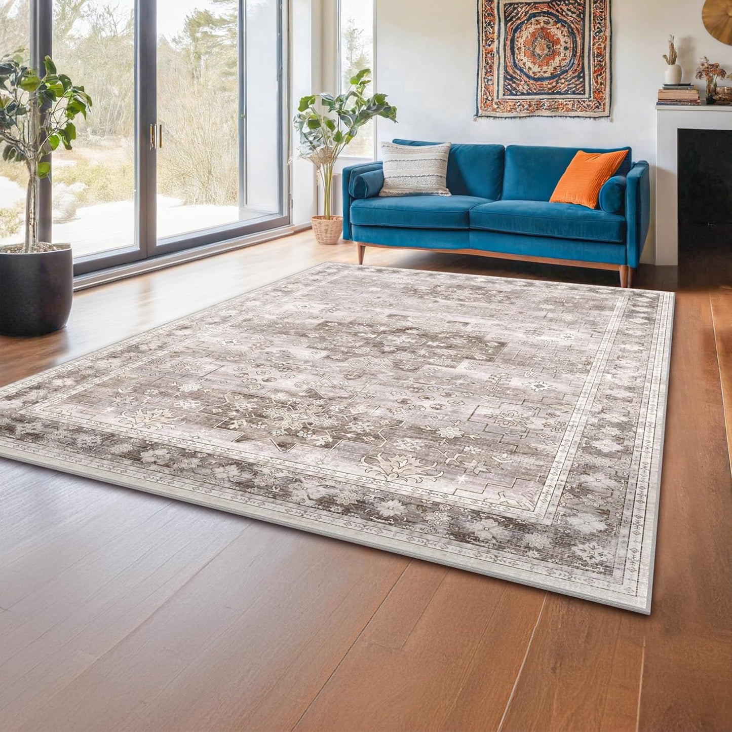 Green Area Rugs 9x12 Living Room - Washable Oriental Geometric, Extra Large for Bedroom Non Slip Soft Faux Wool Carpet for Dining Room Playroom, Lounge - Blue and Green Floral Rug