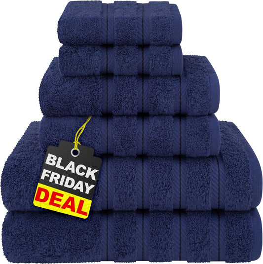 American Soft Linen Luxury 6 Piece Towel Set, 2 Bath Towels 2 Hand Towel 2 Washcloths, 600 GSM 100% Cotton Turkish Towels for Bathroom, Navy Blue Towel Sets
