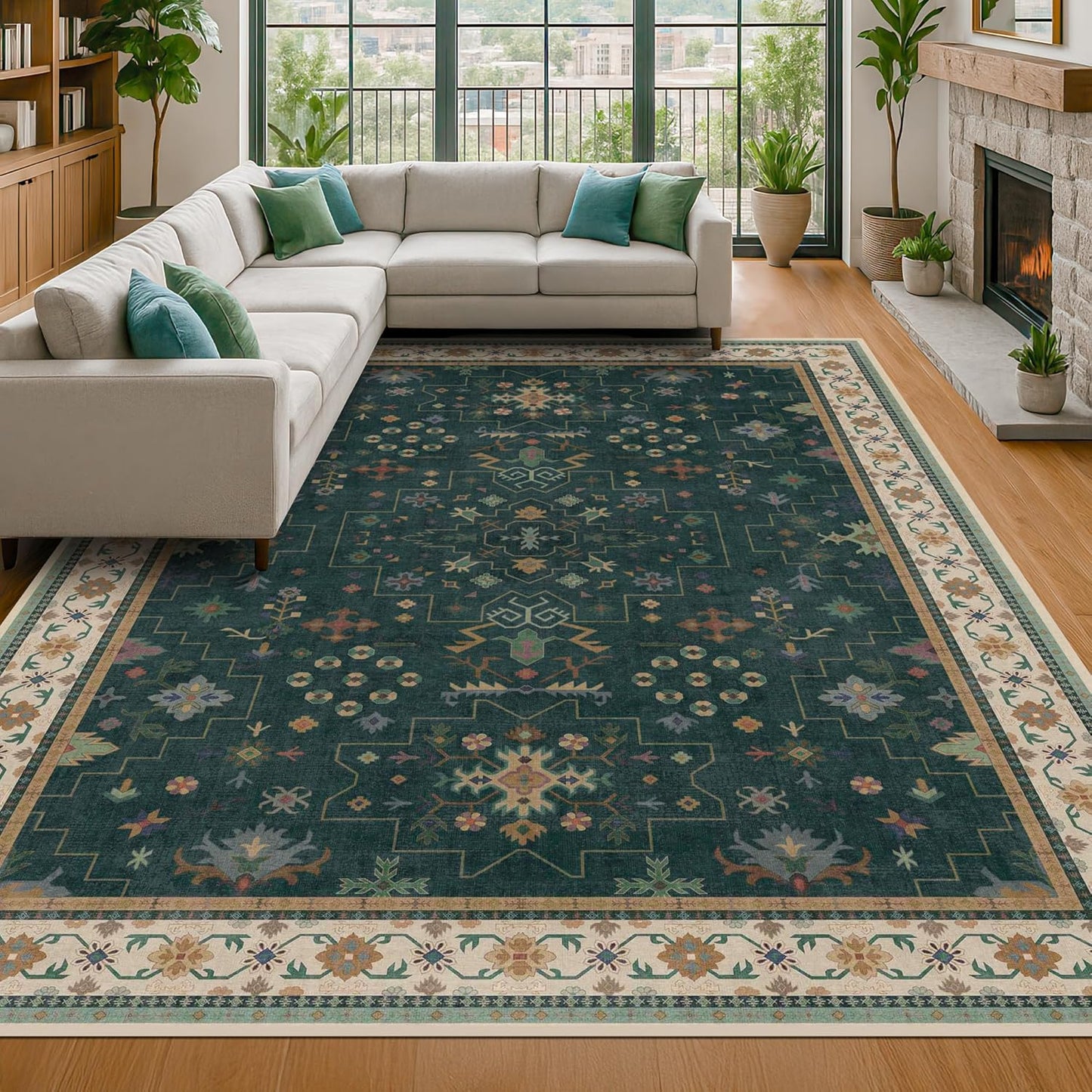 Green Area Rugs 9x12 Living Room - Washable Oriental Geometric, Extra Large for Bedroom Non Slip Soft Faux Wool Carpet for Dining Room Playroom, Lounge - Blue and Green Floral Rug