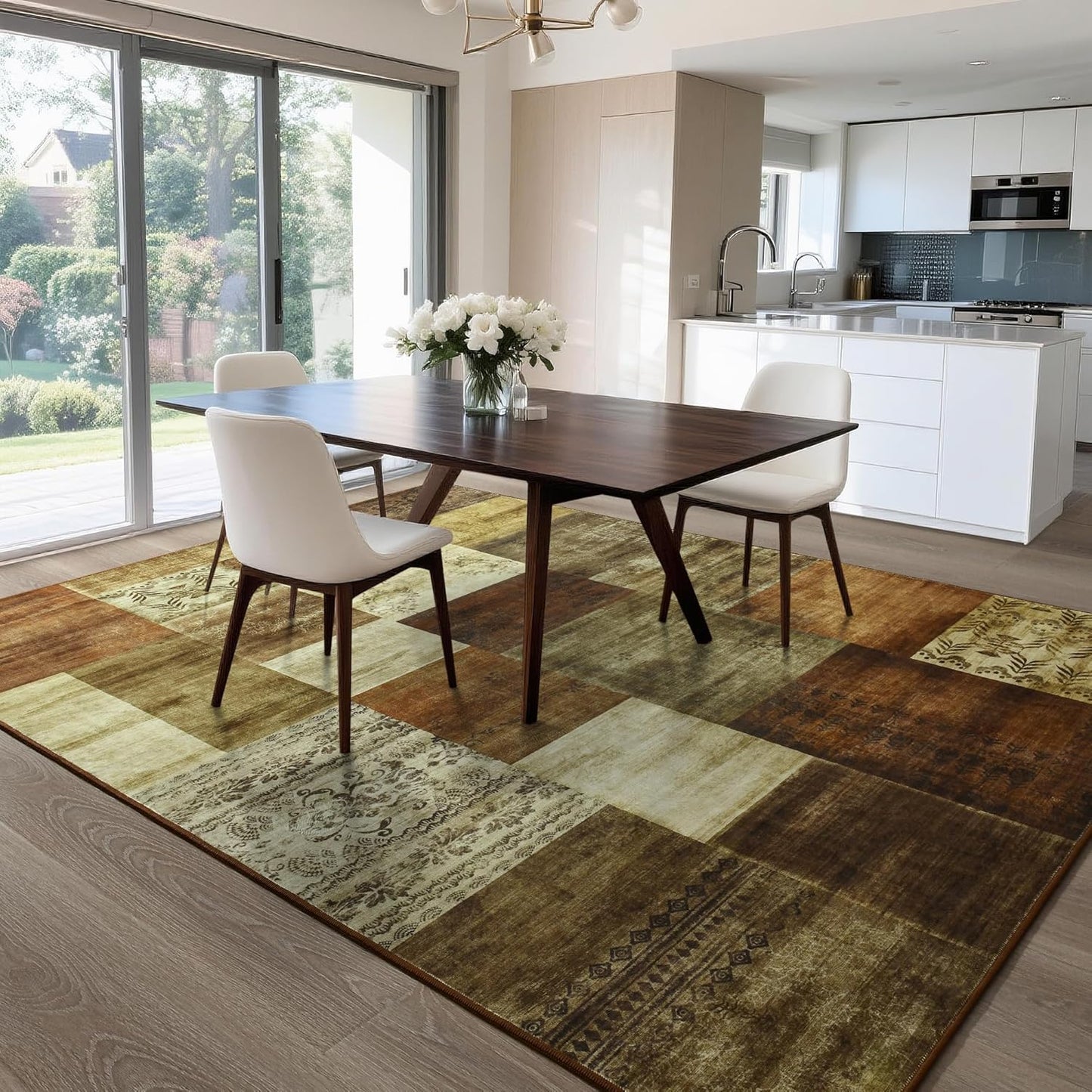 Tepook Modern Area Rug for Living Room, 5x7 Geometric Large Rugs for Bedroom, Washable Patchwork Rug Indoor Non-Slip Throw Carpets for Dining Room Office Farmhouse Home Decor, Brown