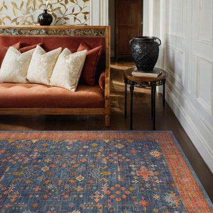 Green Area Rugs 9x12 Living Room - Washable Oriental Geometric, Extra Large for Bedroom Non Slip Soft Faux Wool Carpet for Dining Room Playroom, Lounge - Blue and Green Floral Rug