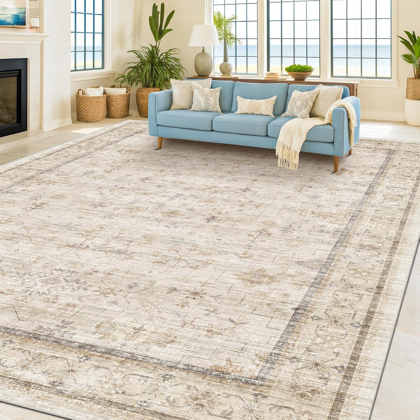 Green Area Rugs 9x12 Living Room - Washable Oriental Geometric, Extra Large for Bedroom Non Slip Soft Faux Wool Carpet for Dining Room Playroom, Lounge - Blue and Green Floral Rug