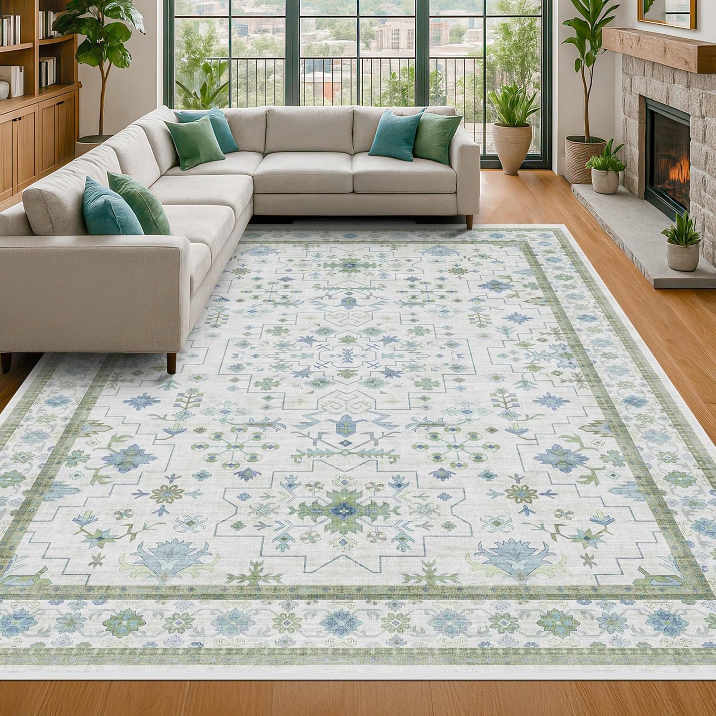 Green Area Rugs 9x12 Living Room - Washable Oriental Geometric, Extra Large for Bedroom Non Slip Soft Faux Wool Carpet for Dining Room Playroom, Lounge - Blue and Green Floral Rug