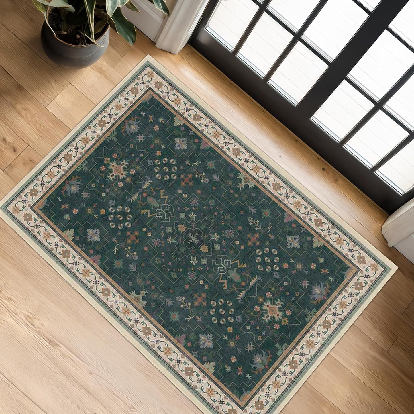 Green Area Rugs 9x12 Living Room - Washable Oriental Geometric, Extra Large for Bedroom Non Slip Soft Faux Wool Carpet for Dining Room Playroom, Lounge - Blue and Green Floral Rug
