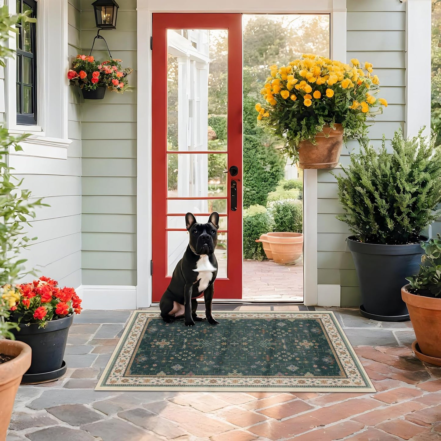 Green Area Rugs 9x12 Living Room - Washable Oriental Geometric, Extra Large for Bedroom Non Slip Soft Faux Wool Carpet for Dining Room Playroom, Lounge - Blue and Green Floral Rug