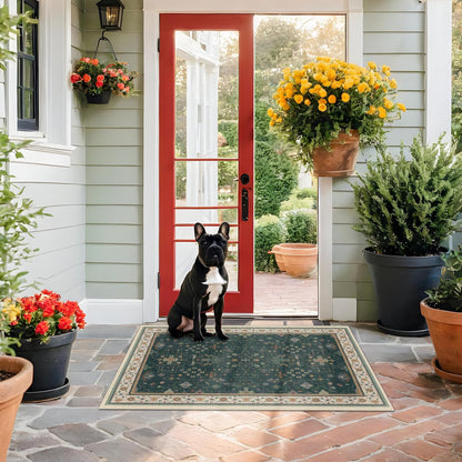 Green Area Rugs 9x12 Living Room - Washable Oriental Geometric, Extra Large for Bedroom Non Slip Soft Faux Wool Carpet for Dining Room Playroom, Lounge - Blue and Green Floral Rug