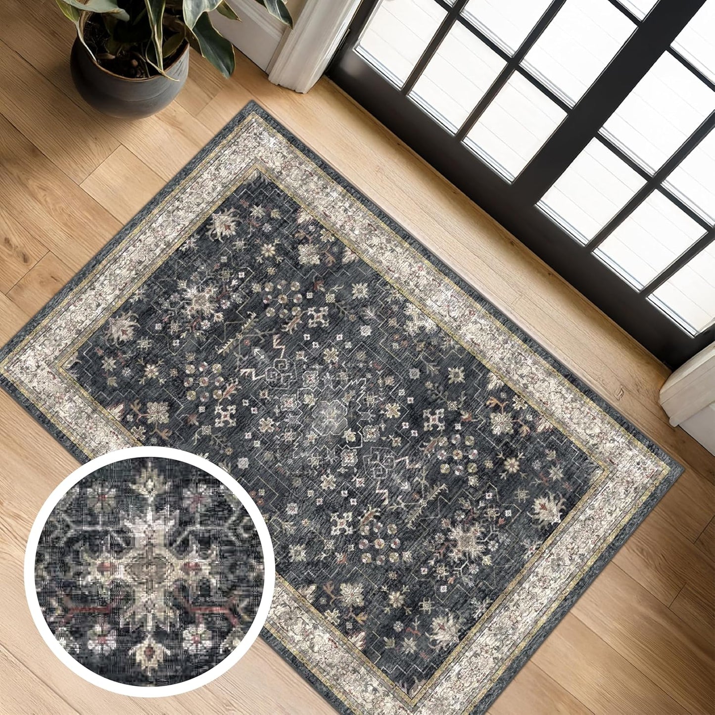 Green Area Rugs 9x12 Living Room - Washable Oriental Geometric, Extra Large for Bedroom Non Slip Soft Faux Wool Carpet for Dining Room Playroom, Lounge - Blue and Green Floral Rug