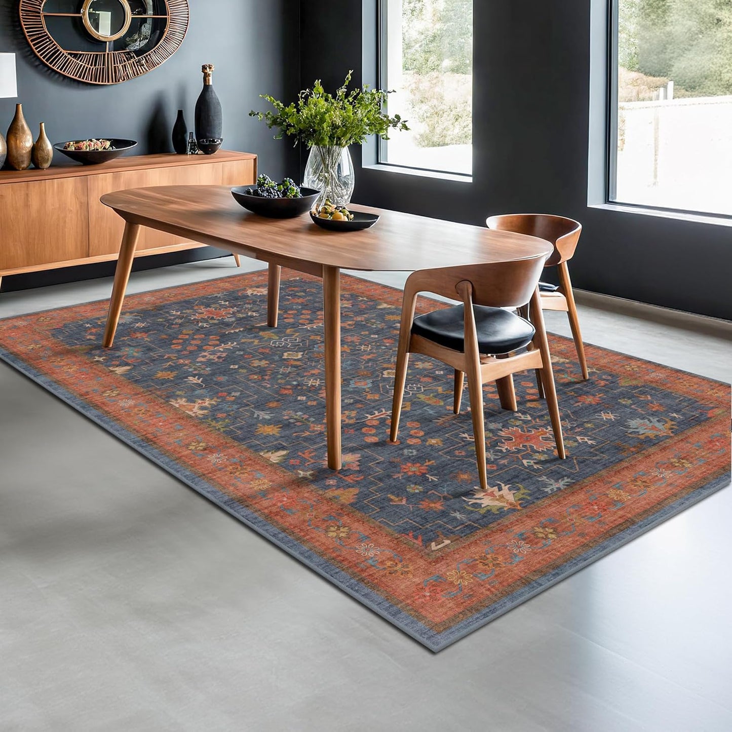 Green Area Rugs 9x12 Living Room - Washable Oriental Geometric, Extra Large for Bedroom Non Slip Soft Faux Wool Carpet for Dining Room Playroom, Lounge - Blue and Green Floral Rug