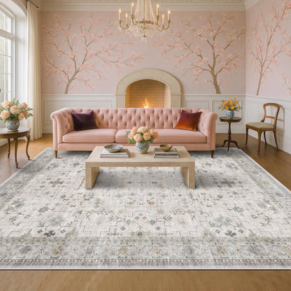 Green Area Rugs 9x12 Living Room - Washable Oriental Geometric, Extra Large for Bedroom Non Slip Soft Faux Wool Carpet for Dining Room Playroom, Lounge - Blue and Green Floral Rug