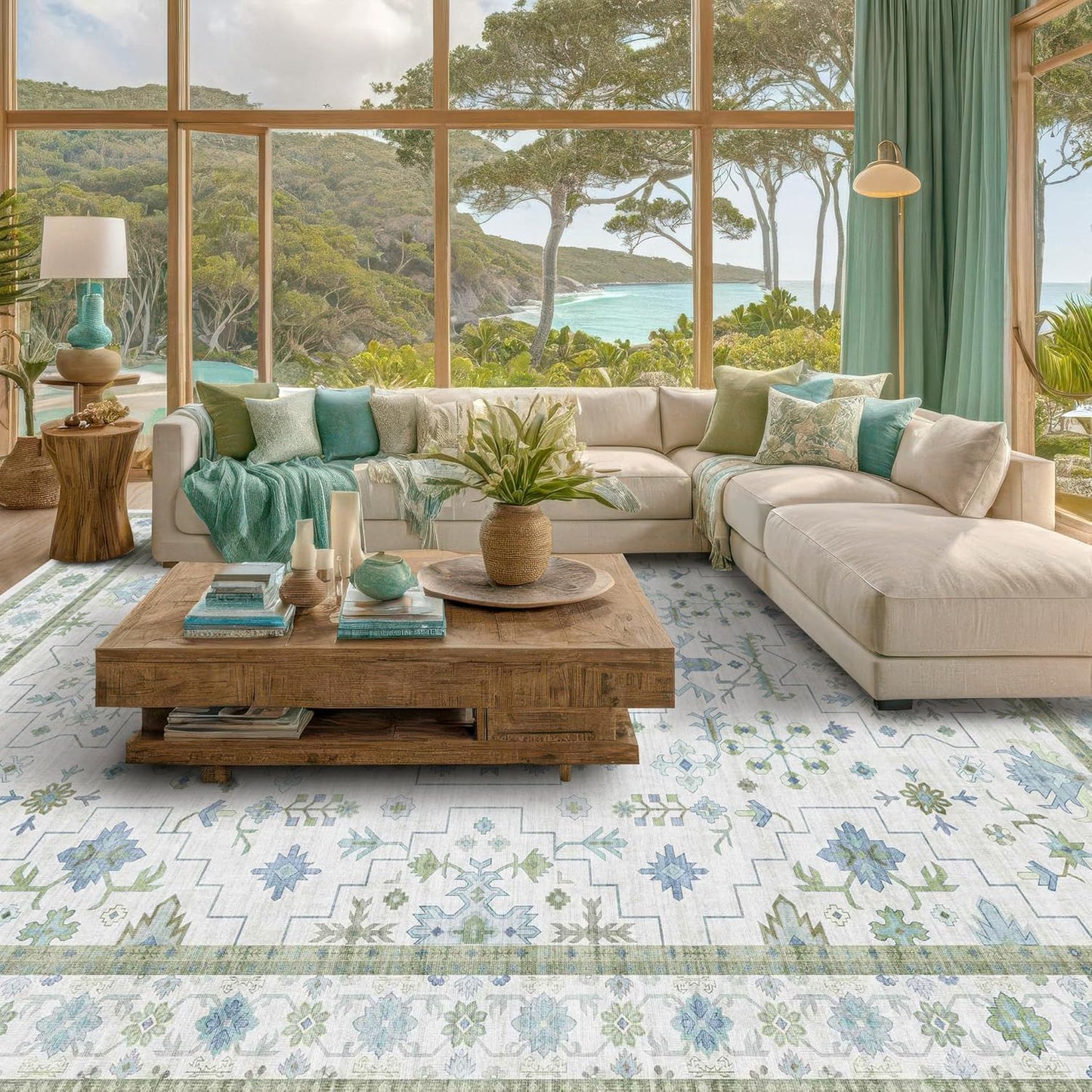 Green Area Rugs 9x12 Living Room - Washable Oriental Geometric, Extra Large for Bedroom Non Slip Soft Faux Wool Carpet for Dining Room Playroom, Lounge - Blue and Green Floral Rug