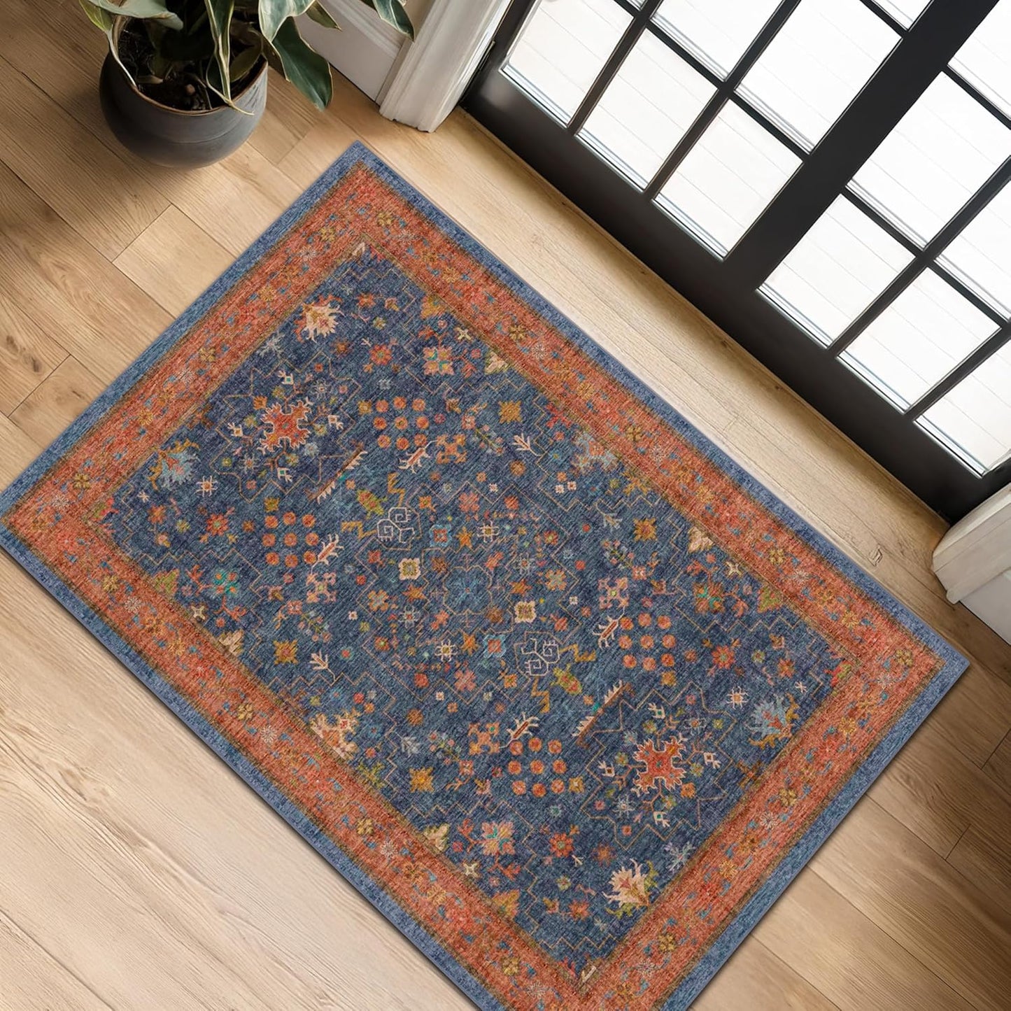 Green Area Rugs 9x12 Living Room - Washable Oriental Geometric, Extra Large for Bedroom Non Slip Soft Faux Wool Carpet for Dining Room Playroom, Lounge - Blue and Green Floral Rug