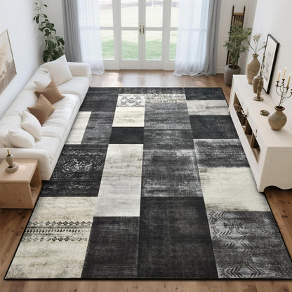 Tepook Modern Area Rug for Living Room, 5x7 Geometric Large Rugs for Bedroom, Washable Patchwork Rug Indoor Non-Slip Throw Carpets for Dining Room Office Farmhouse Home Decor, Brown