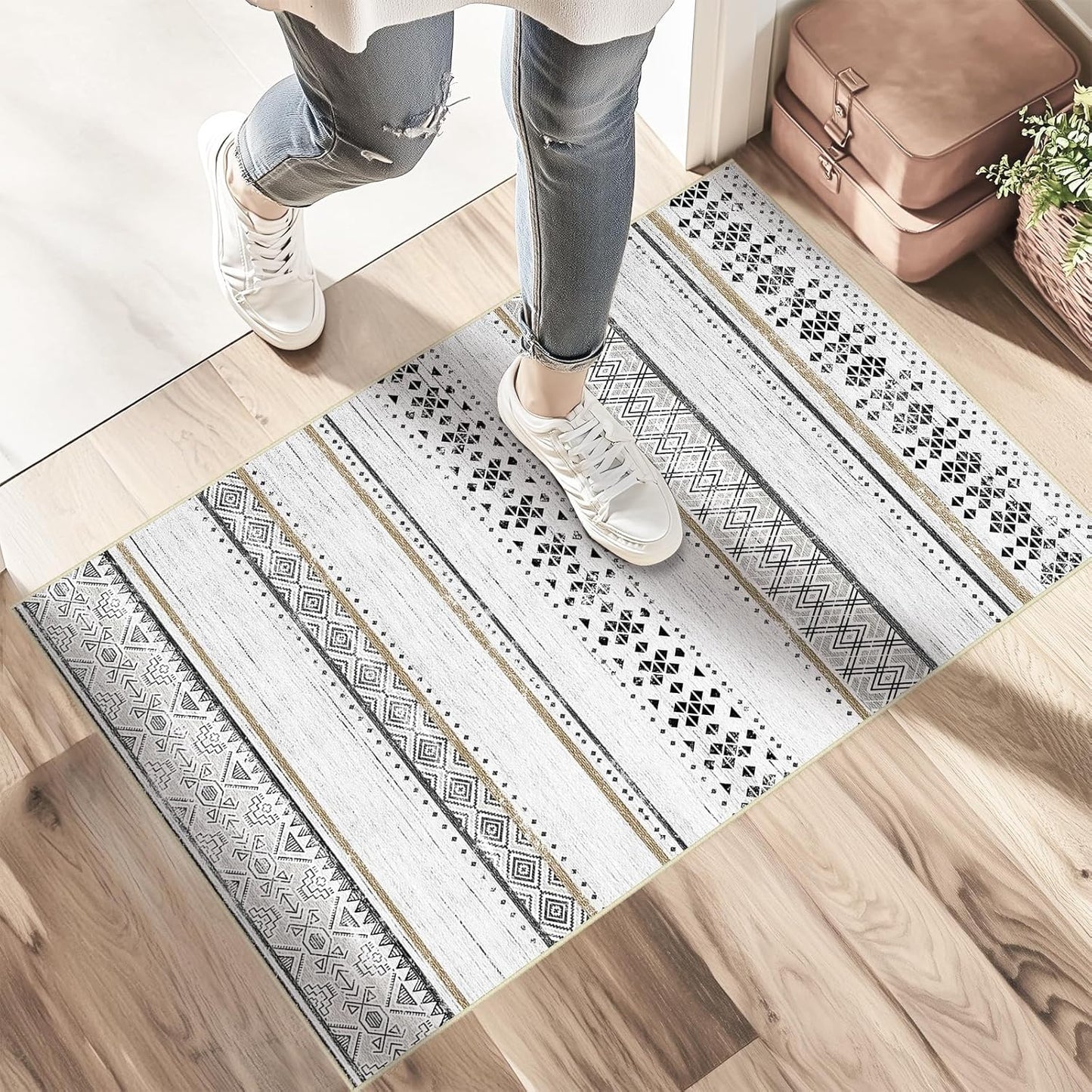 BESTSWEETIE 8x10 Area Rugs for Living Room Washable Moroccan Farmhouse Neutral Geometric Low Pile Non-Slip Soft Print Pattern Rug for Bedroom Kitchen Dining Room Entryway Black/Brown