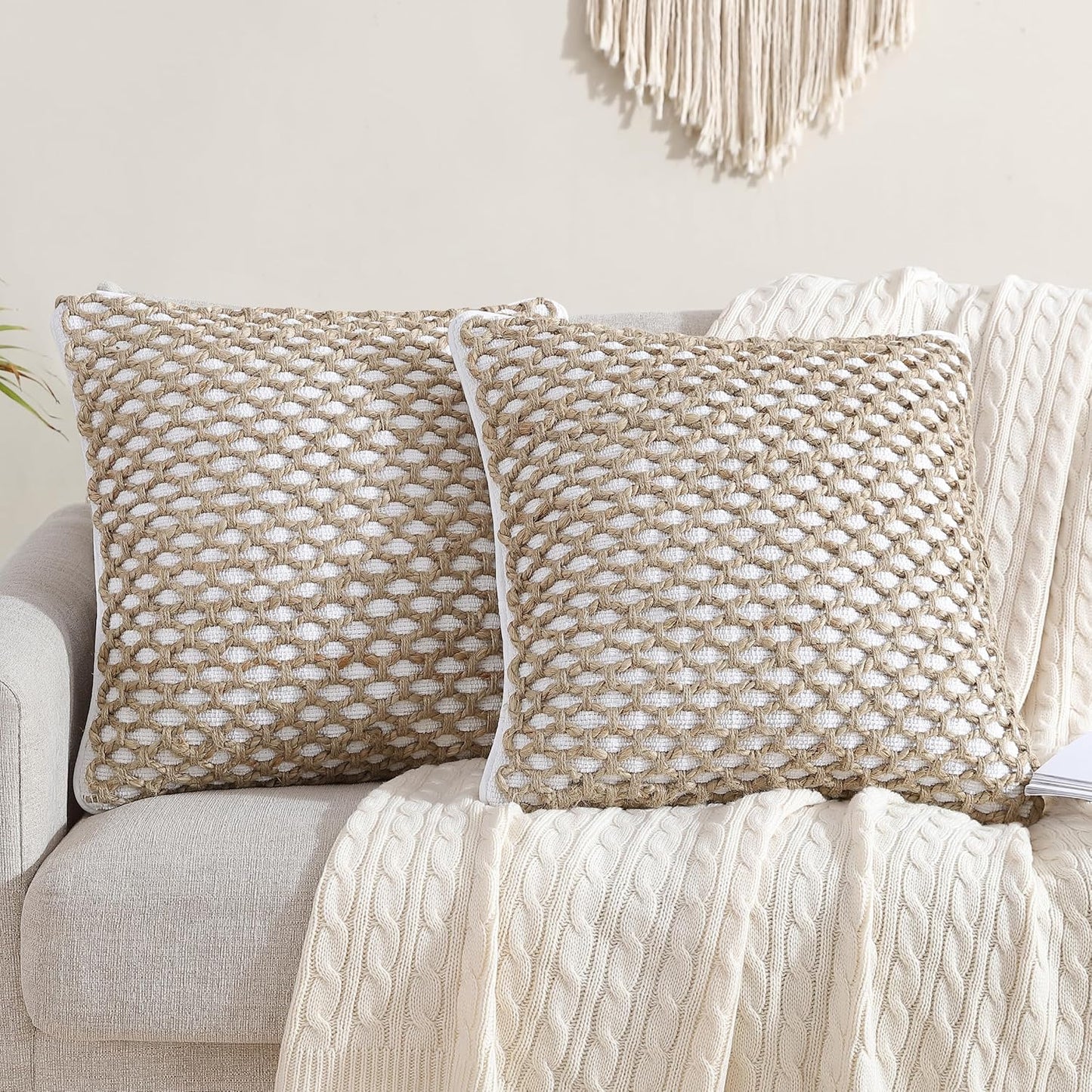 Boho Living 18x18 White Throw Pillow Covers Pillow Insert not Included - Boho Pillow Covers Only, Pack of 2